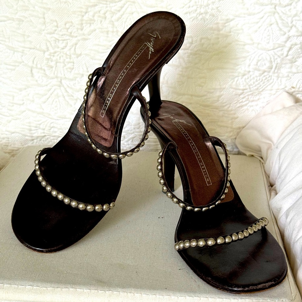 Giuseppe Zanotti Designer Heeled Sandals - Dark bronze Two-strap w/ Silver Beads